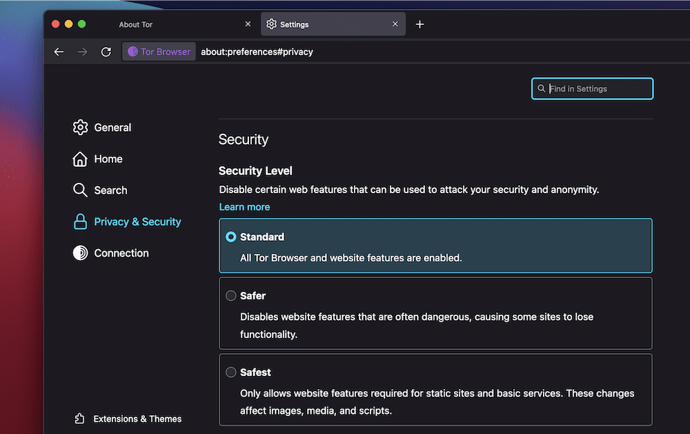 Tor Project Security Settings